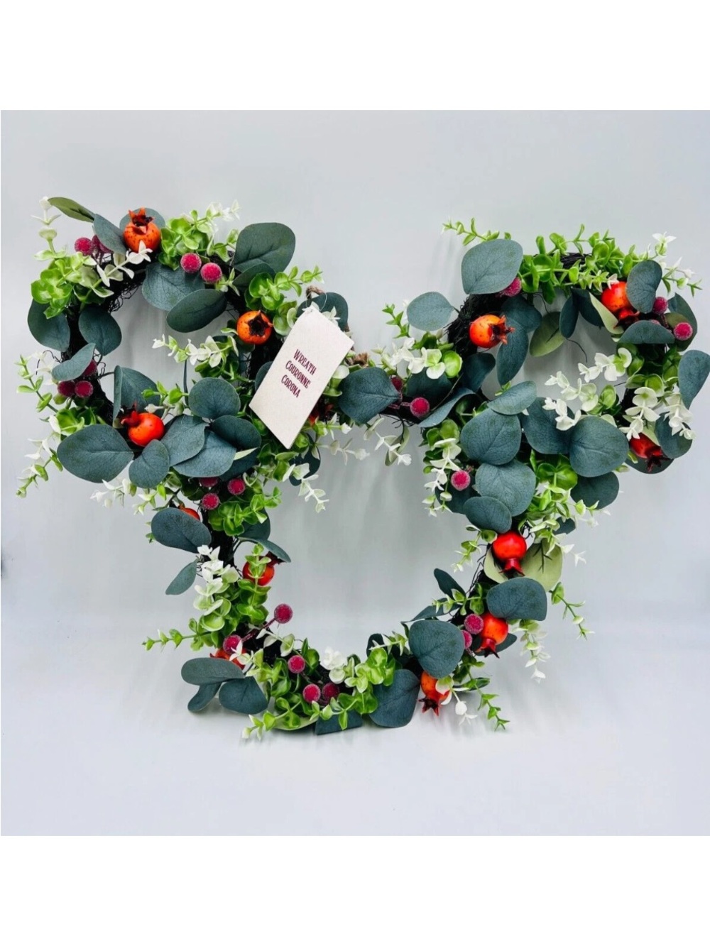 Disney Faux Eucalyptus Heart Wreath with Green, White and Red Accents